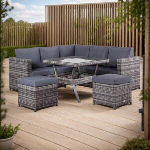 Lille 7-seater Compact Corner Sofa with Dining Table and 2 Stools in Grey Rattan