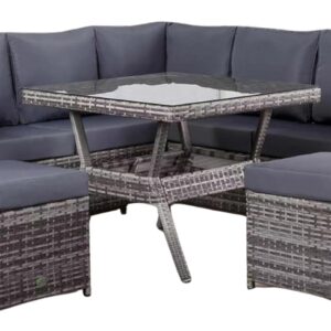 Lille 7-seater Compact Corner Sofa with Dining Table and 2 Stools in Grey Rattan