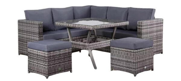 Lille 7-seater Compact Corner Sofa with Dining Table and 2 Stools in Grey Rattan