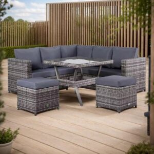Lille 7-seater Compact Corner Sofa with Dining Table and 2 Stools in Grey Rattan